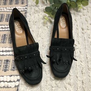 Franco Sarto black leather fringe heeled loafers
